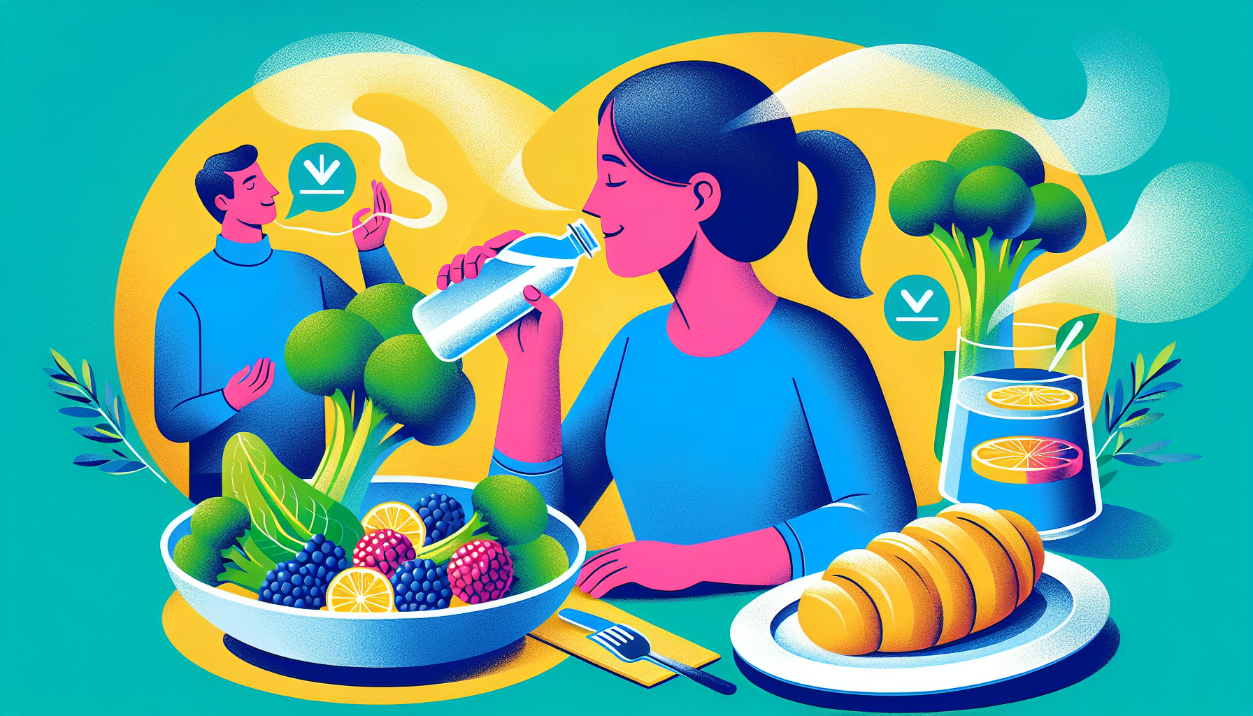 Illustration of person drinking water and eating fiber-rich foods