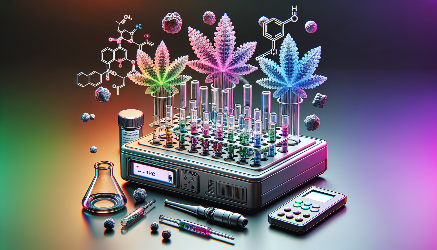Illustration of drug testing kit with THC and THCA molecules