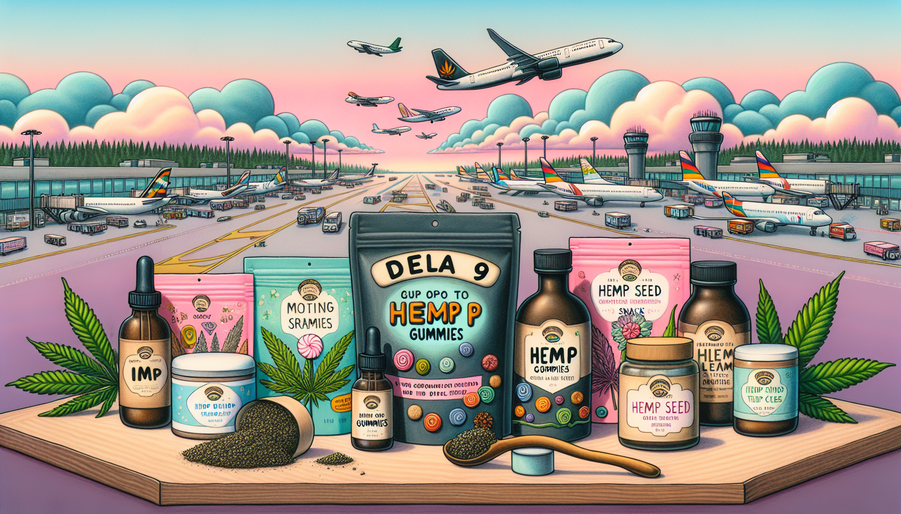 Whimsical illustration of alternative hemp-derived products