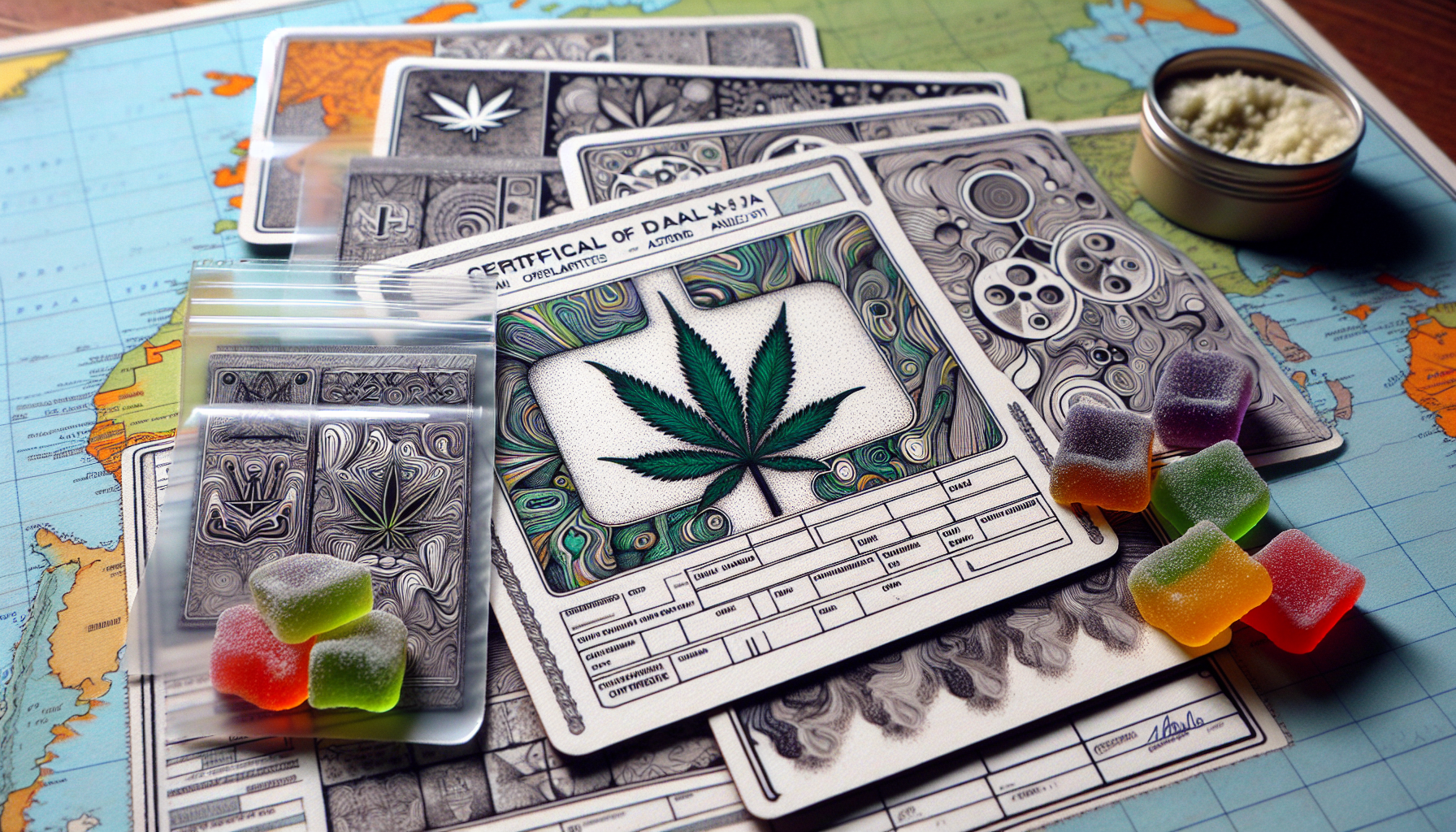 Illustration of Certificates of Analysis (COAs) and medical marijuana cards