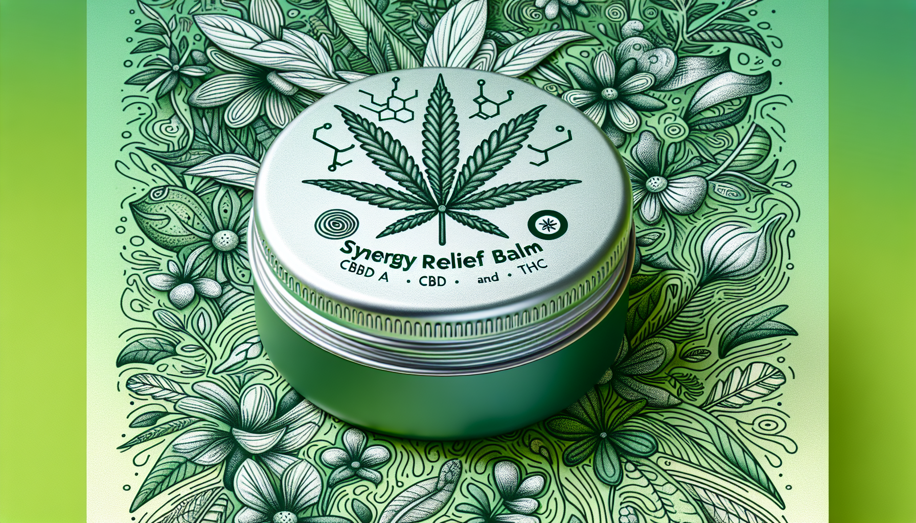 Illustration of a synergy relief balm container and ingredients